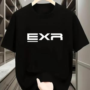 TEMU 남성 EXR 그래픽 티 - 캐주얼 & 스포티 블랙 티셔츠, 흰색 글자, 크루 넥, 반팔 - 여름 외출, 야외 활동 및 캐주얼 의상에 딱 맞습니다.