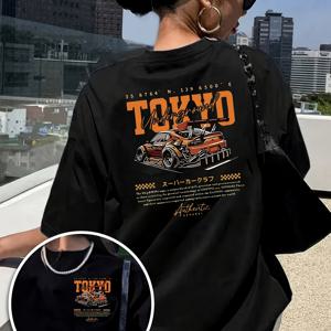 TEMU 여성용 플러스 사이즈 텍스트 티셔츠 - 도쿄 레이싱 레터링 반팔 크루넥 탑, 불투명 캐주얼 블라우스웨어, 여름 & 봄에 적합, 사무실, 여행, 레이어링용 세탁기 사용 가능한 캐주얼 의류