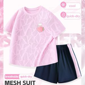 TEMU MIANZHI 브랜드 2pcs 세트, 여아용 반바지 세트, 여름 스타일, 반팔, 통기성 메쉬, 상의 + 바지, 시원한 착용감, 야외 활동, 스포츠웨어, 러닝, 내구성, 세탁 가능, 여아용, 어린 아이용, 속건성 의류, 야외용