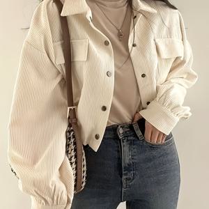 TEMU 유럽 및 미국 인기 코듀로이 여성 레트로 드로스트링 재킷 숏 탑