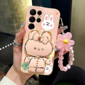 TEMU 갤럭시 S22 S22+ S22 Plus Ultra FE 5G S22FE 에디션용 S22 플라워 스트랩 메이크업 미러 귀여운 토끼 폰 홀더 케이스 - 럭셔리 여성용 킥 스탠드 커버