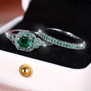 TEMU 남녀공용 2피스 반지 세트 - Prins Cut Green Stone Synthetic Zirconia, 합성색상 주얼리