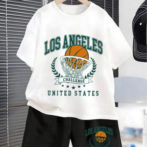 TEMU 여름 남아용 반팔 의상, 'LOS ANGELES' 농구 레터링이 있는 티셔츠와 반바지 세트로 구성된 새로운 디자인으로 야외 활동에 적합합니다.