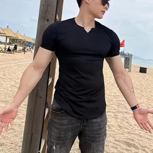 TEMU 미국 스타일 스포츠 피트니스 통기성 티셔츠 골지 슬림핏 캐주얼 트레이닝 단색 V넥 반팔 남성용 상의