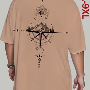 TEMU 3XL - 9XL 빅 & 탈 남성 의류 - 어드벤처 컴퍼스 프린트, 트렌디 캐주얼 플러스 사이즈 남성 티셔츠, 플러스 사이즈
