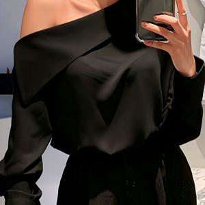 TEMU 우아한 오프숄더 긴팔 여성 셔츠 | 비대칭 넥, 단색, 올 시즌