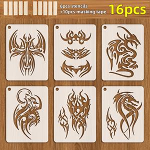 TEMU 16장 타투 패턴 템플릿, 6개 템플릿 및 10장 전사 스티커 포함, 7.5 X 10cm, 재사용 가능한 플라스틱 스텐실, 팔, 등, 천, 캔버스, 의류 등 페인팅에 적합, 타투 애호가 도구