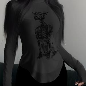 TEMU 여성용 독 스컬 프린트 메쉬 패널 티셔츠 - 하이넥 반투명 긴팔 상의, 봄 여름 가을 캐주얼 웨어, 트렌디한 그래픽 티, 중간 신축성