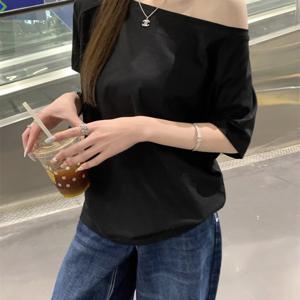 TEMU 여름 Y2K 캐주얼 패션 루즈핏 다용도 단색 원넥 반팔 티셔츠 여성 오프숄더 탑