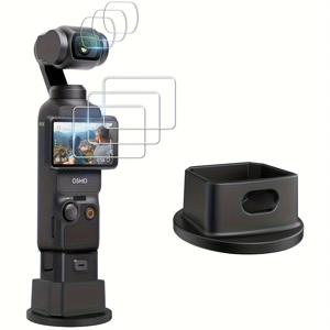 TEMU DJI Osmo Poet 3 카메라 액세서리용 6-in-1 강화유리 렌즈 + LCD 화면 보호필름 세트, 0.28mm 초박형 9H, 휴대용 충전 포트 미끄럼 방지 탁상대용 스탠드 포함, 간편 설치 HD 선명 강화유리, 화면 보호필름 3개 + 렌즈 보호필름 3개 + 미끄럼 방지 탁상대용 스탠드 1개, 블랙