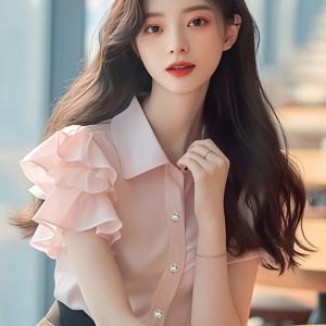 여성 프릴 카라 블라우스 핑크 반팔 셔츠 러블리 페미닌 하객룩 데이트룩 오피스룩 출근룩 팔뚝커버 체형커버 날씬해보이는 여름 상의 꾸안꾸