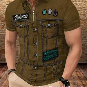 TEMU 남성용 페이크 데님 모조 버튼 디자인 포켓 집업 폴로 셔츠 빈티지 작업복 스타일 하프 집 반팔 캐주얼 상의[프린트 디자인-텍스처 없음][청바지 아님]
