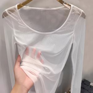 TEMU 스타일 화이트 시스루 긴팔 베이스 레이어 탑, 약간 시스루, 부드럽고 피부 친화적인 원단, 가볍고 통기성 좋음, 답답하지 않음