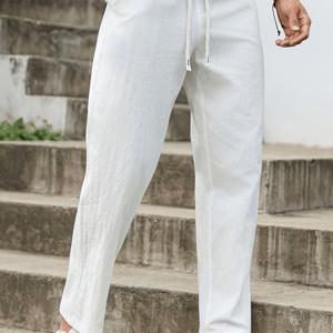 TEMU 남성용 린넨 캐주얼 바지, 피부 친화적, 패셔너블, 사계절 린넨 비치 팬츠, 통기성, 루즈핏, 솔리드 컬러 드로스트링 포켓, 데일리 캐주얼 웨어