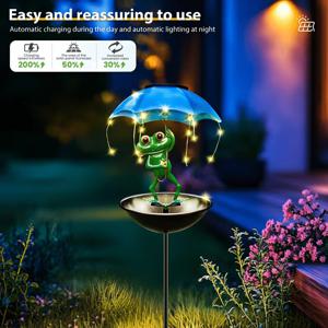 TEMU IP65 LED 솔라 개구리 정원 스트링 라이트 | 분리 불가능한 태양광 패널이 있는 철제 아트 잔디 장식 | 자동 야외 새 모이통 & 벌새 먹이 트레이 | 새를 유인하고 정원 장식을 향상시킵니다