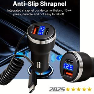 TEMU 삼합일 66W 멀티기능 차량용 충전기, 21인치 Type-C 폰 고속 충전 케이블, USB+PD 충전 포트, 초고속 충전 지원, 아이폰 16/15 및 삼성 S24 S23 호환, 12V-24V 범용 차량용 폰 충전기