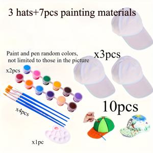 TEMU 랜덤 색상 페인트 및 펜 10개 세트, DIY 야구 모자 3개 + 페인팅 재료 7개(페인트, 펜, 트레이) 포함. 야구 모자 아트 페인팅 모자, 야외 스포츠, 학교 활동, 휴가 여행에 적합한 캐주얼 모자