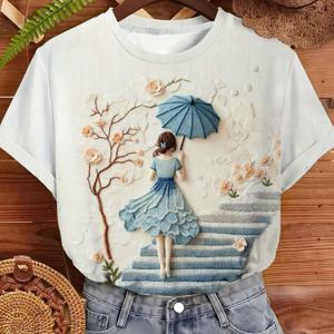 TEMU 프린트 디자인 – 무질감, 나무 발판 프린트 여성용 반팔 티셔츠 - 세로 竖형 라운드넥 블라우스 | 캐주얼 & 드레시 의상용 여름 상의 (봄 여름 가을)