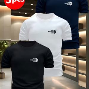 TEMU 남성용 프린팅 티셔츠 3개 세트 - 부드럽고 통기성 좋은 폴리에스터 크루넥 티, 스타일리시하고 멋진 그래픽 프린트 | 캐주얼하고 편안한 레저웨어 | 모던 캐주얼 의류 | 매끄러운 질감