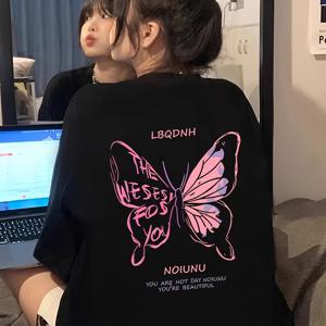 TEMU 아름다운 나비 프린트 미디엄 기장 루즈핏 반팔 셔츠, 여름 캐주얼 Y2K 스타일 탑