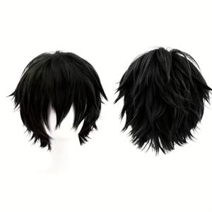 TEMU 짧은 머리 다용도 핸섬 앞머리 짧은 머리 코스프레 애니메이션 가발 블랙 다용도 매칭 가능한 스타일