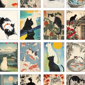 TEMU 32개입, 일본 고양이 엽서, 우키요에 스타일, 귀여운 고양이 포스터, 거실 장식 카드 스티커, 침실 장식, 테마 스크랩북/장식/그리팅 카드/엽서, 두꺼운 골판지, 고화질 인쇄, 선물 컬렉션
