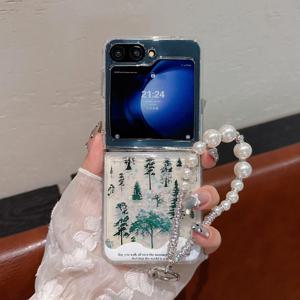 TEMU 휴대폰 케이스 - 야광 모래가 화면을 채우는 숲 디자인 + S Z Flip 7, Z Flip 7 FE, Z Flip 6, Z Flip 5용 대형 및 소형 진주 보호 휴대폰 케이스