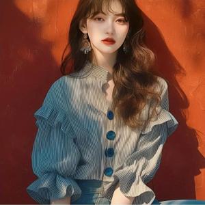 여성 블라우스 셔츠 줄무늬 프릴 퍼프소매 차이나카라 체형커버 비침없는 오피스룩 출근룩 데이트룩 러블리 페미닌 여름 꾸안꾸