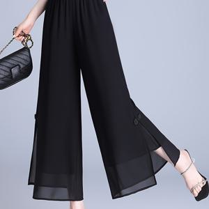 TEMU 슬릿 쉬폰 와이드 레그 팬츠 여성 여름 얇은 루즈핏 타입 우아한 크롭 팬츠 하이웨이스트 팬츠 스커트 탄성 허리 이중 레이어 쉬폰 포켓|치마바지
