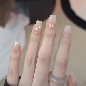 TEMU K'APEINE 핸드메이드 인조 네일 10개입 미디엄 스퀘어, 누드 핑크 글리터 그라데이션 접착 네일, 여성용 광택 재사용 가능 인조 네일