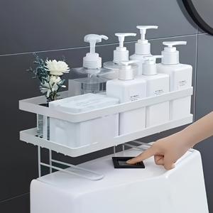 TEMU 화이트 무타공 변기 선반, 욕실 수납 랙, 화장실에서 샴푸, 바디워시, 티슈 정리용, 공간 절약형