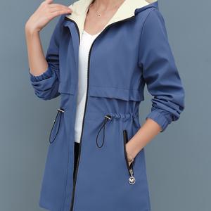 TEMU 여성용 양면 자켓, 미디 기장 후드 트렌치 코트, 봄/가을 컬러 블록 디자인, 조절식 허리 드로스트링, 캐주얼하고 우아한 아웃도어 가디건 탑, 앞면 지퍼 포켓 디자인, 신축성 없는 원단, 스타일리시한 아우터웨어, 레이어링용 내구성 있고 가벼운 다용도 양면 자켓