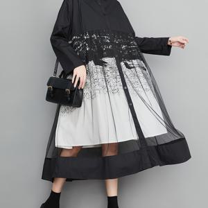 TEMU 여성용 엘레강스 롱 A라인 스커트, 루즈핏 튤 시스루 메쉬 프린트 - 스퀘어넥 긴팔 셔츠 원피스, 앞단추식 비침없는 원피스, 블랙에서 화이트로 이어지는 그라데이션, 통기성 좋은 캐주얼부터 세미정장까지 활용 가능한 원피스, 가을 패션, 엘레강스 스타일