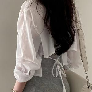 TEMU 여성 시스루 볼레로 가디건 스트링 리본 뒤트임 루즈핏 크롭 긴팔 여름 얇은 비치웨어 커버업 데이트룩 꾸안꾸 마실룩 화이트