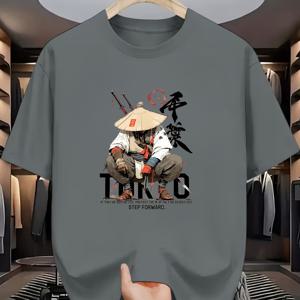 TEMU 남성용 아메리칸 하이 스트리트 스타일 반팔 티셔츠, 국산 트렌드 스트로우햇 프린트, 루즈핏 및 활용도 높은 캐주얼 상의