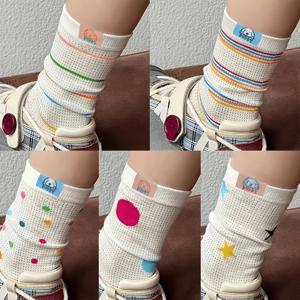 TEMU 5켤레 혼합 메쉬 컬러 웨이브 도트 도파민 미드튜브 양말 강아지 귀여운 양말 여성용 여름 얇은 양말