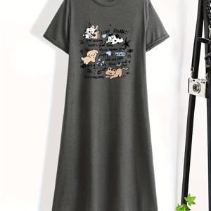 TEMU 여성용 캐주얼 만화 강아지 & 레터 프린트 티셔츠 드레스 - 통기성 좋은 반팔 라운드넥, 루즈 A라인 실루엣, 봄 여름 시즌 세탁 가능 편안한 의류