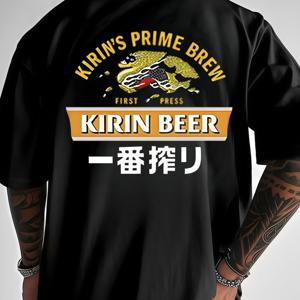 TEMU 최신 기린맥주, 기린맥주 남성용 패션 프린팅 반팔, 데이트 필수템, 심플하고 활용도 높은 캐주얼 클래식 아메리칸 반팔 티셔츠
