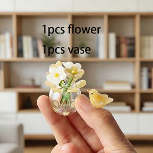 TEMU 2개 귀여운 데이지 유리 꽃 미니 조각상, 유리 꽃, 꽃병이 있는 미니 부케, 여성용 장식, 어버이날 선물, 집, 사무실 책상 장식