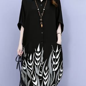 TEMU POLO 칼라 랜턴 슬리브 프린트 반팔 셔츠 캐주얼 루즈핏 미디 기장 원피스