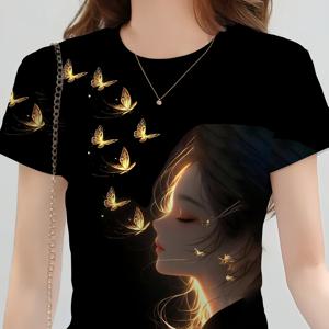 TEMU 여성 드림, 나비 패턴 3D 프린트 디자인, 여성 패션 티셔츠, 캐주얼하고 편안한 크루넥 탑, 선물용, 모든 계절, 세탁기 사용 가능한 패션 여성 의류