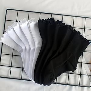 TEMU 10켤레 여성용 봄/가을 블랙 & 화이트 러플 솔리드 미드 캐프 양말, 트렌디한 다용도 대학 스타일 귀여운 롱 양말