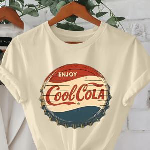 TEMU 레트로 스타일 쿨콜라 병뚜껑 패턴 프린트 티셔츠, 반팔 라운드넥 캐주얼 셔츠, 봄 여름용 여성 의류