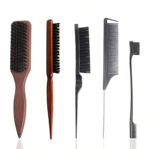 TEMU 우아한 5pcs 헤어 콤 스타일링 세트, 곱슬머리 및 웨이브 머리에 적합 | 나무 브리슬 엉킴 방지 빗, 레드 나일론 마사지 빗, 엉킴 방지 볼륨 빗, 무향 엣지 컨트롤 도구, 간편한 세척