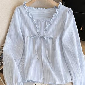 TEMU 초가을 레이스 칼라 타이업 여성 셔츠, 새로운 한국 스타일 루즈핏 캐주얼 긴소매 돌 톱