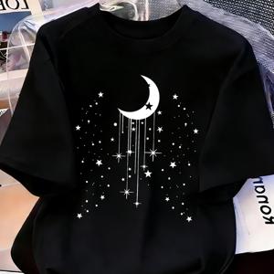 TEMU “Hanging Star Moon” 패턴 여성용 우아한 라운드넥 반팔 티셔츠 - 레터 프린트, 부드러운 원단, 봄/여름용 다용도 캐주얼 상의, 세탁기 사용 가능, 트렌디한 레터 프린트, 편안한 착용감, 적합