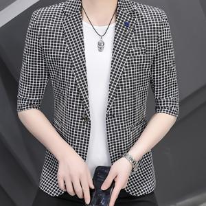 TEMU 여름 남성용 체크 반팔 - 데일리 및 파티용 스타일리시 반팔 정장 재킷