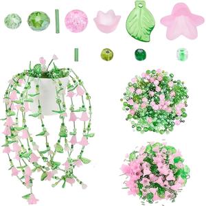 TEMU 1780개 DIY 식물 구슬 공예 키트, 핑크 꽃 & 녹색 잎 유리구슬 포함, 꿰기 용, 수제 주얼리 제작용, 방 장식용, 십대 공예용, 매달기 장식용, 꿰기 용 유리구슬