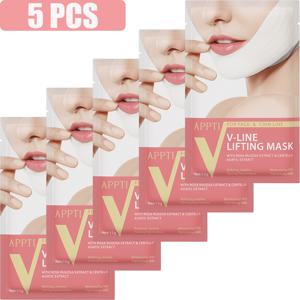 TEMU 5개 세트 V자형 리프팅 마스크, 주름 개선, 탄력 및 매끄러움 강화, 얼굴, 입, 목용 하이드로겔 소재, 이중턱 스트랩 포함