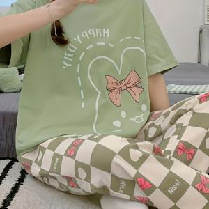 TEMU 여성용 캐주얼 홈웨어 반팔 롱팬츠 라운드넥 풀오버 카툰 토끼 리본 프린트 여름 파자마 세트